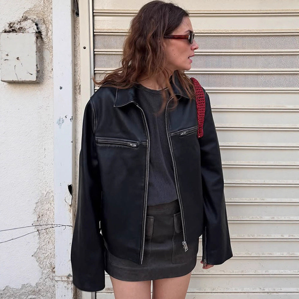 Women Boxy Faux Leather Jacket with Double Zipper and Chest Zippers Chichicherry