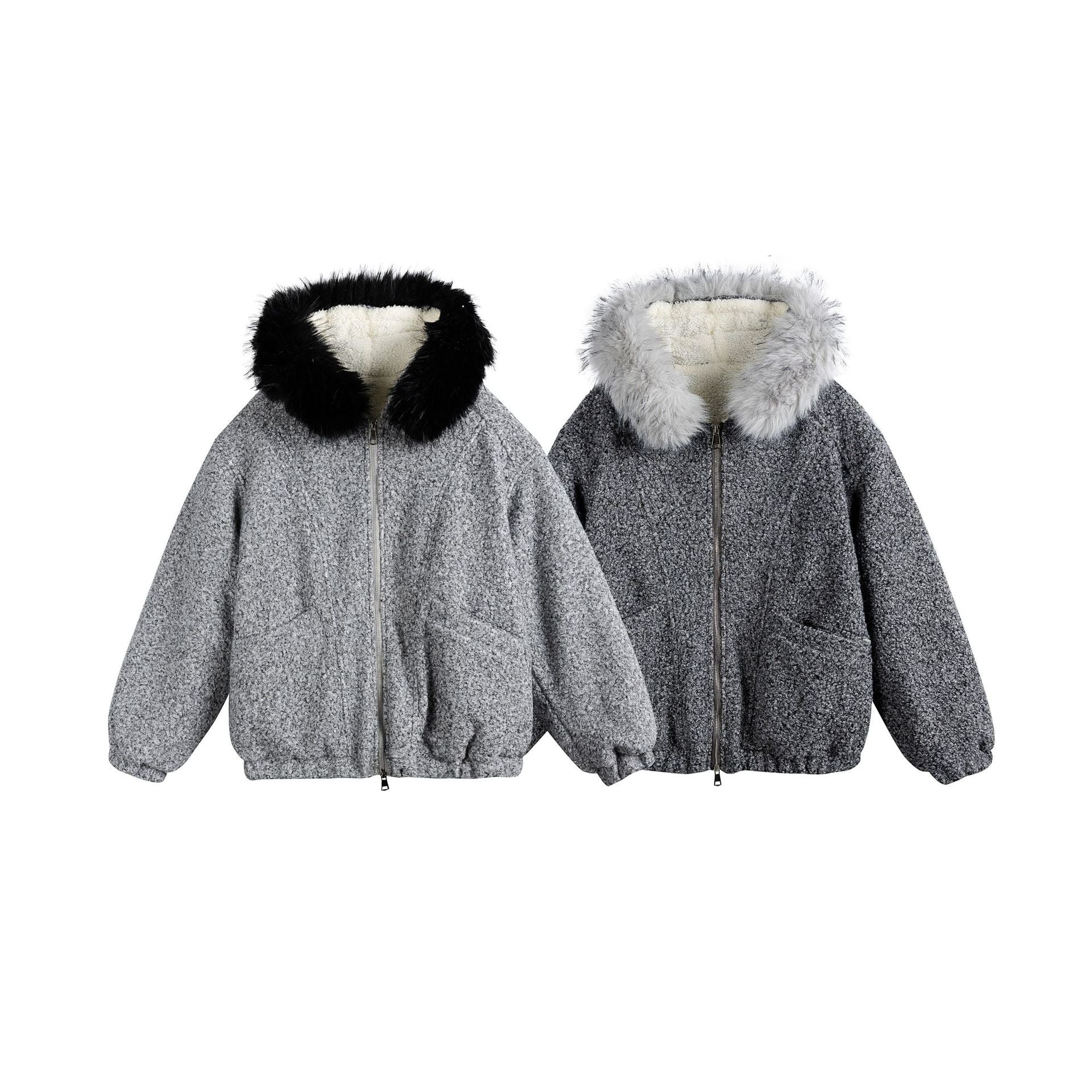 Women's Boucle Blouson Jacket with Voluminous Faux Fur Collar and Thermal Lining Chichicherry