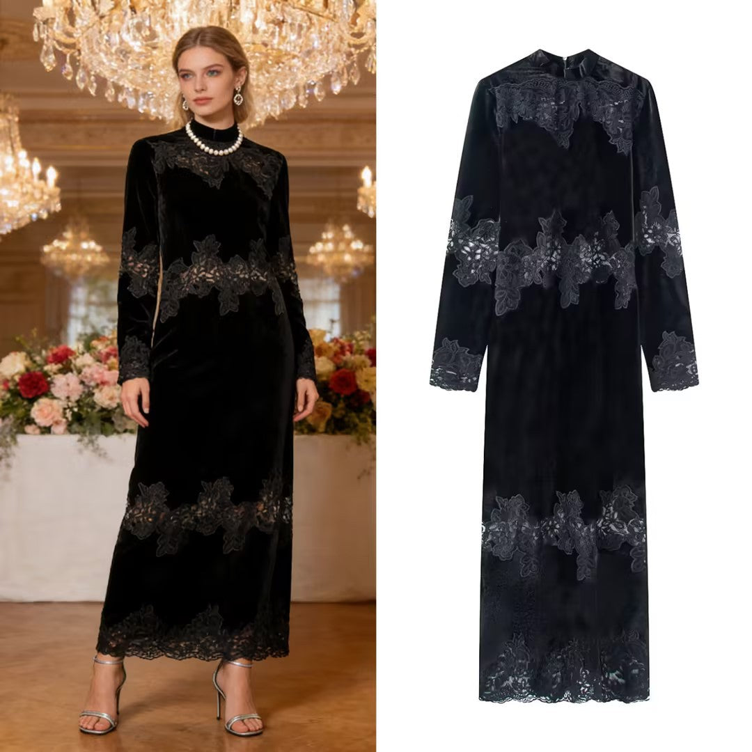 Women Velvet Maxi Dress with Lace Trim, Stand Collar and Long Sleeves Chichicherry