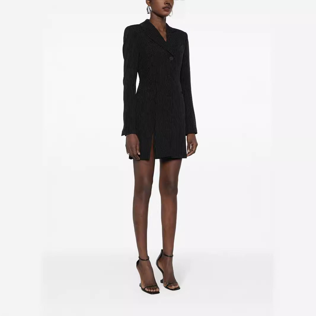 Women Tailored Pinstripe Blazer Dress with Single-Breasted, Slit and Slim Silhouette Chichicherry
