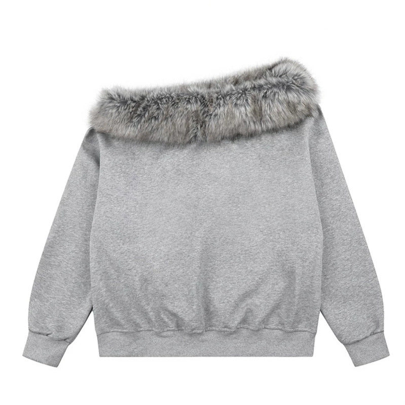 Women's Off-Shoulder Sweatshirt with Fake-Fur Collar, Relaxed Fit and Vintage Flag Print Chichicherry