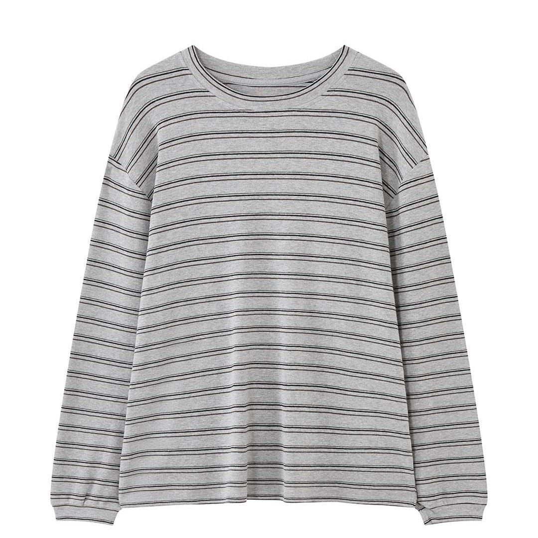 Women Casual Oversized Long Sleeve Shirt with Fine Striped Pattern and Dropped Shoulder Chichicherry