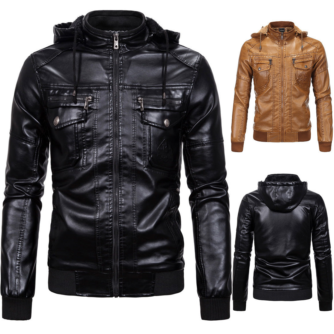 Men's vintage-inspired faux leather bomber jacket with teddy lining, stand collar, and chest pockets Chichicherry