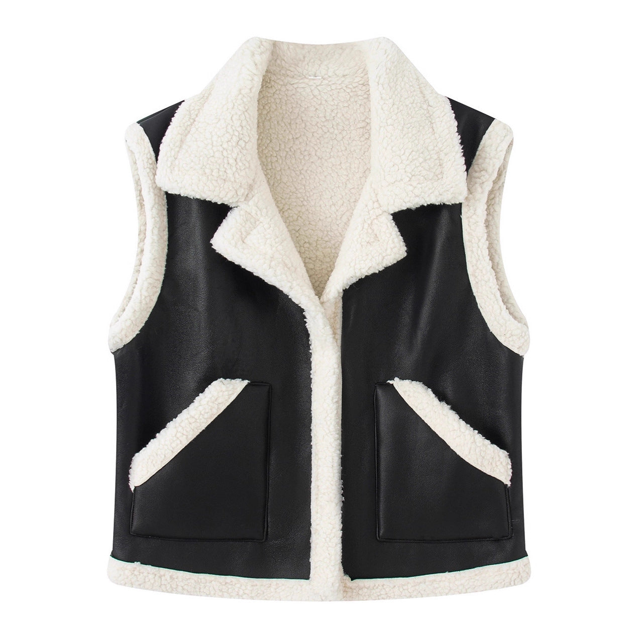 Women's Sleeveless Lambskin Look Vest with Notched Collar and Patch Pockets Chichicherry