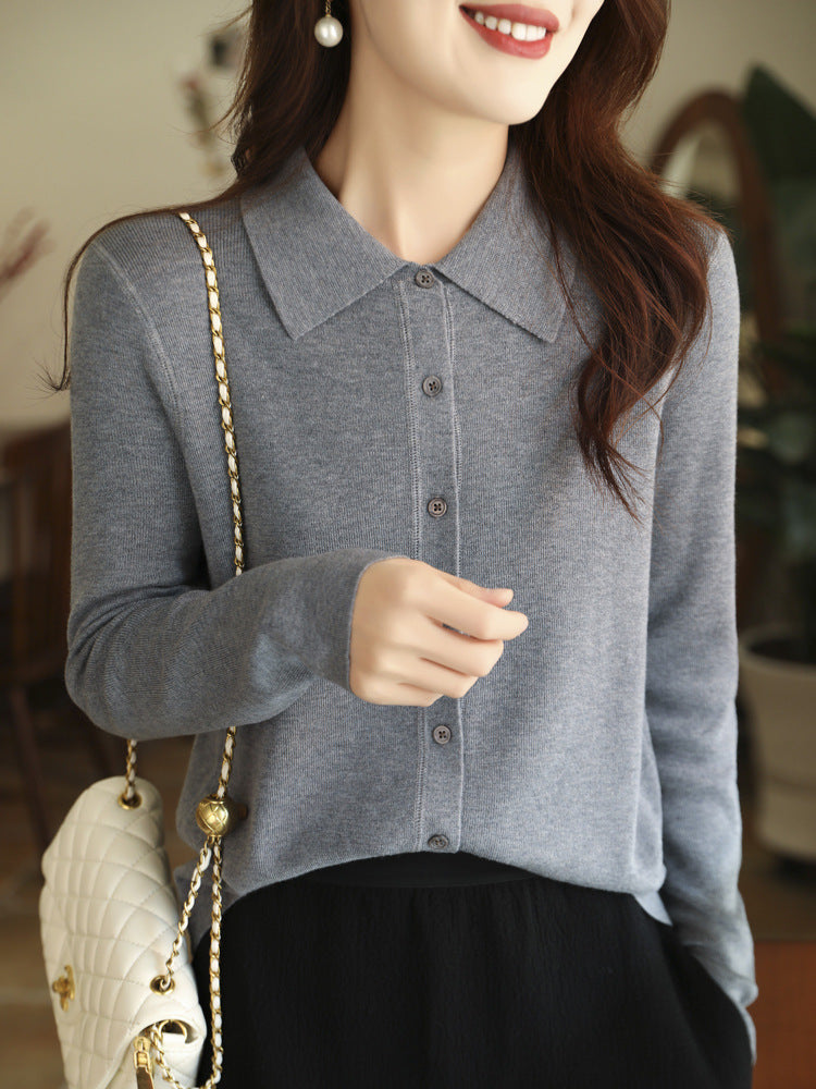 Women's Light Fine Knit Cardigan with Polo Collar and Full Button Placket Chichicherry