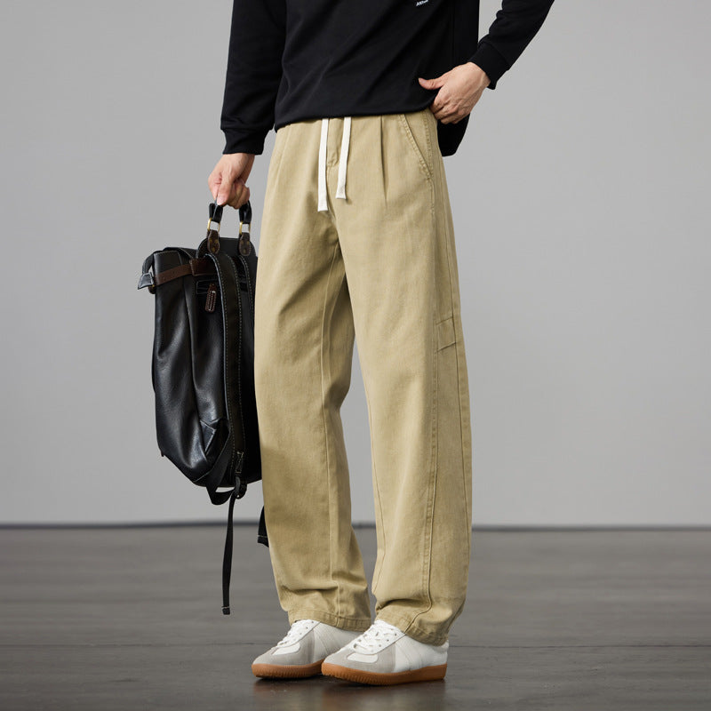 Men's Loose Cotton Canvas Cargo Pants with Drawstring Waist and Multiple Pockets Chichicherry