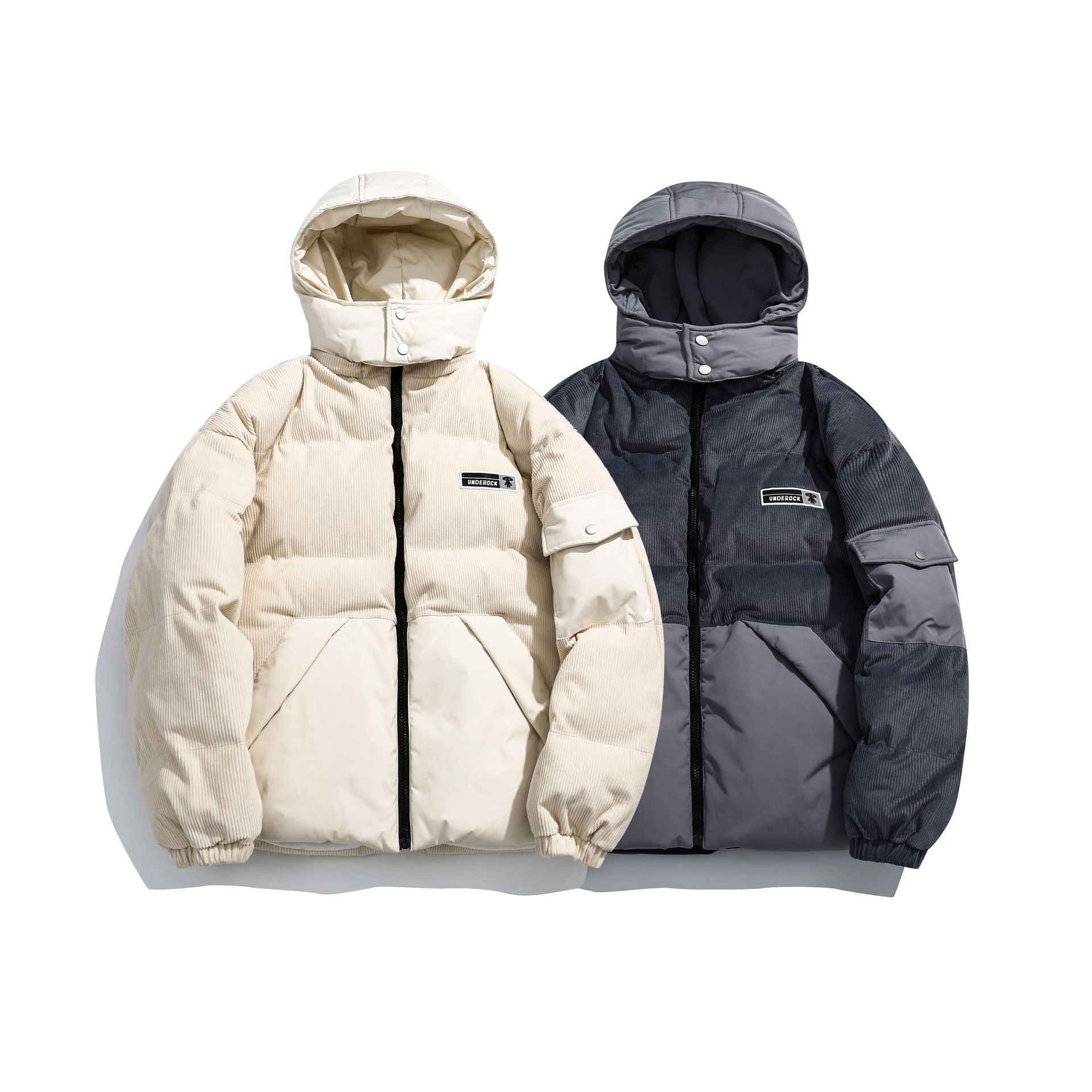 Women's cord quilted puffer jacket with hood and utility arm pocket Chichicherry