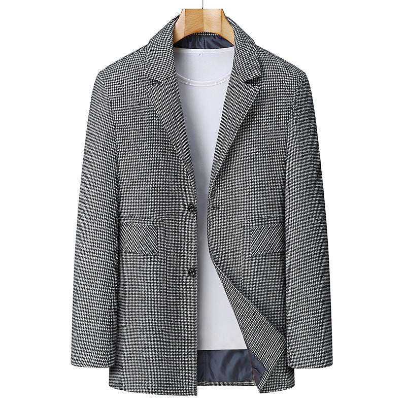 Men's Single-Breasted Short Coat made of Wool Blend with Houndstooth Pattern and Lapel Collar Chichicherry