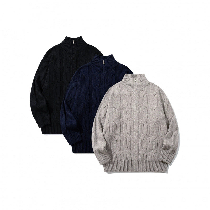 Unisex Chunky Knit Zip-up Cardigan with Cable Pattern and High Ribbed Collar Chichicherry