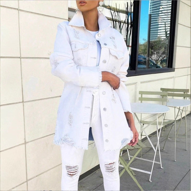 Ladies Longline Denim Jacket with Destroyed Details and Fringed Hem Chichicherry