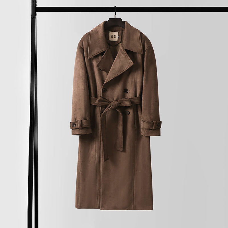 Men's Maxi Length Trench Coat in Suede Look with Double Breasted and Waist Belt Chichicherry