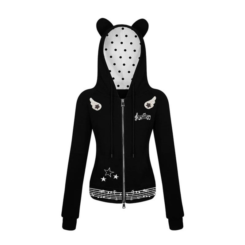 Women's hooded sweat jacket with bear ears, zipper, musical print and polka lining Chichicherry