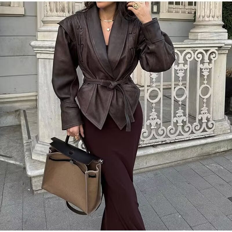 Women's short jacket made of suede imitation with wrap belt and lacing details Chichicherry