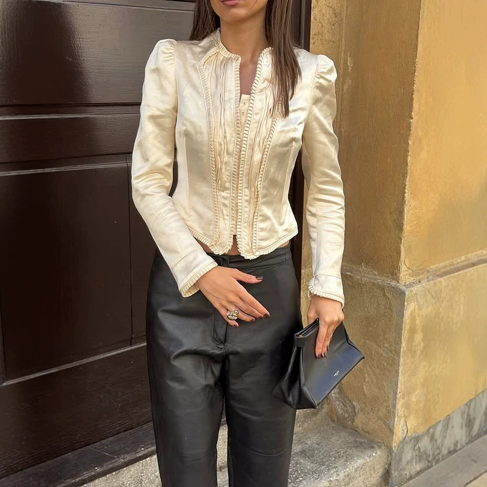 Women Tailored Cropped Blazer with Sculpted Shoulder and Decorative Trimmings Chichicherry