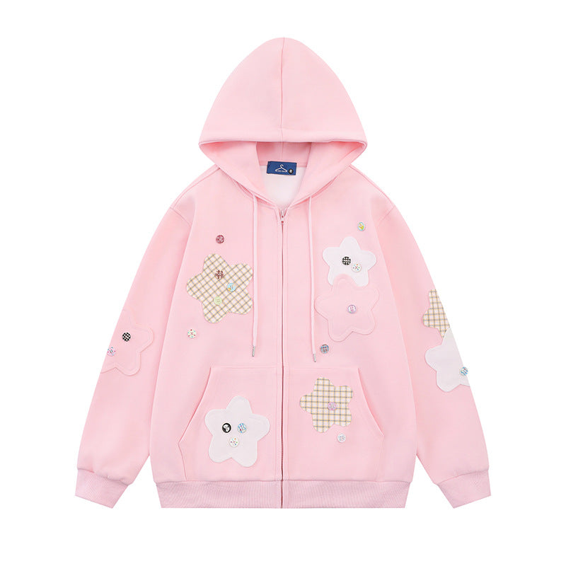 Women Oversize Zip Hoodie with Floral Star Appliqués and Button Details Chichicherry