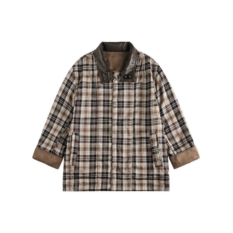 Men's short-cut field blouson in vintage workwear style with faux leather stand-up collar and checked inner lining Chichicherry