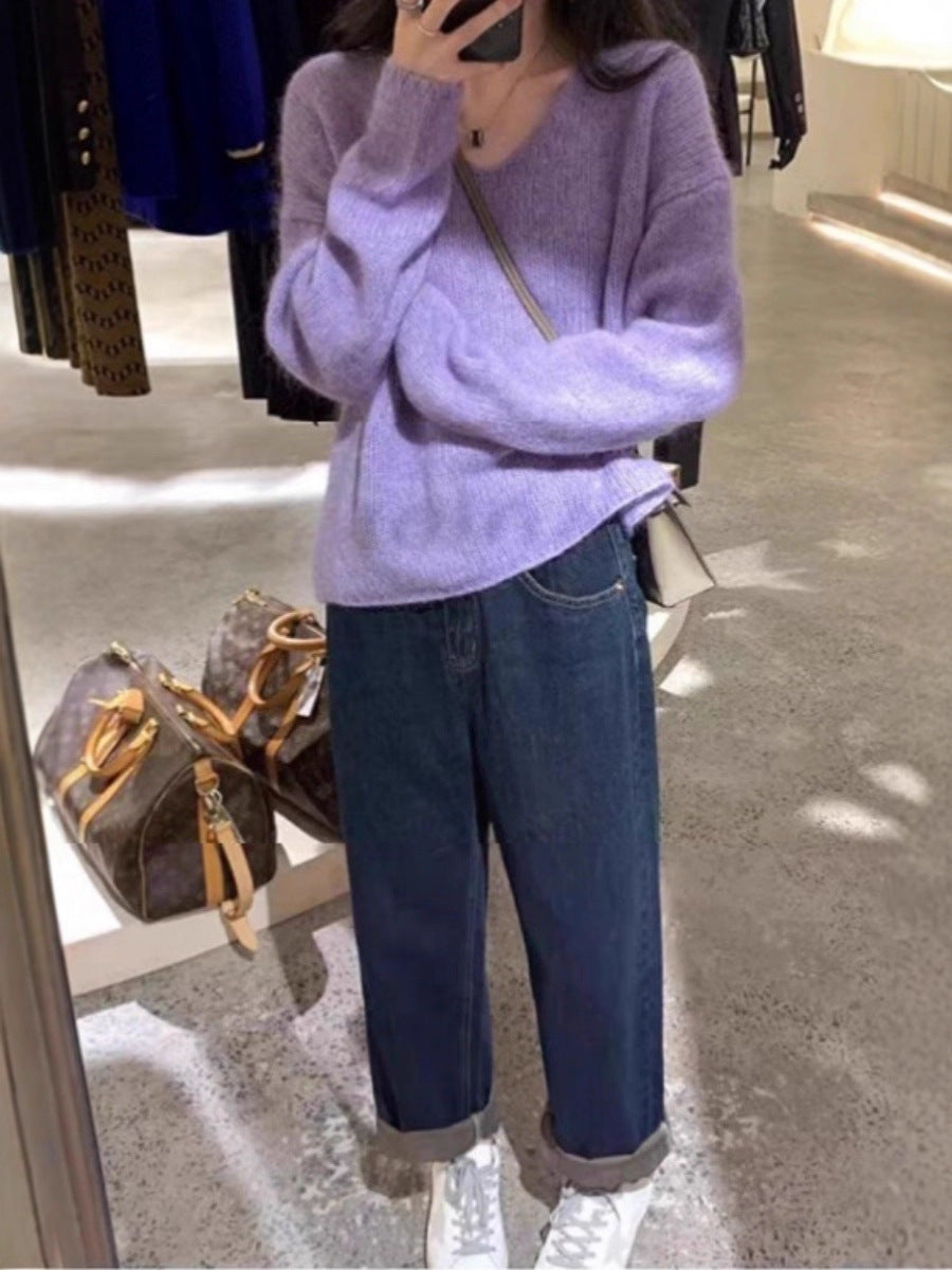 Women Oversize V-Neck Mohair-Look Sweater with Angora-Look and Dropped Shoulder Chichicherry
