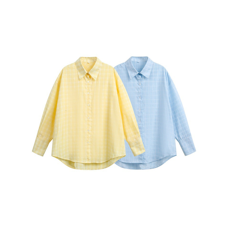 Women Loose Boxy Shirt with Kent Collar, Rounded Hem and Fine Check Pattern Chichicherry