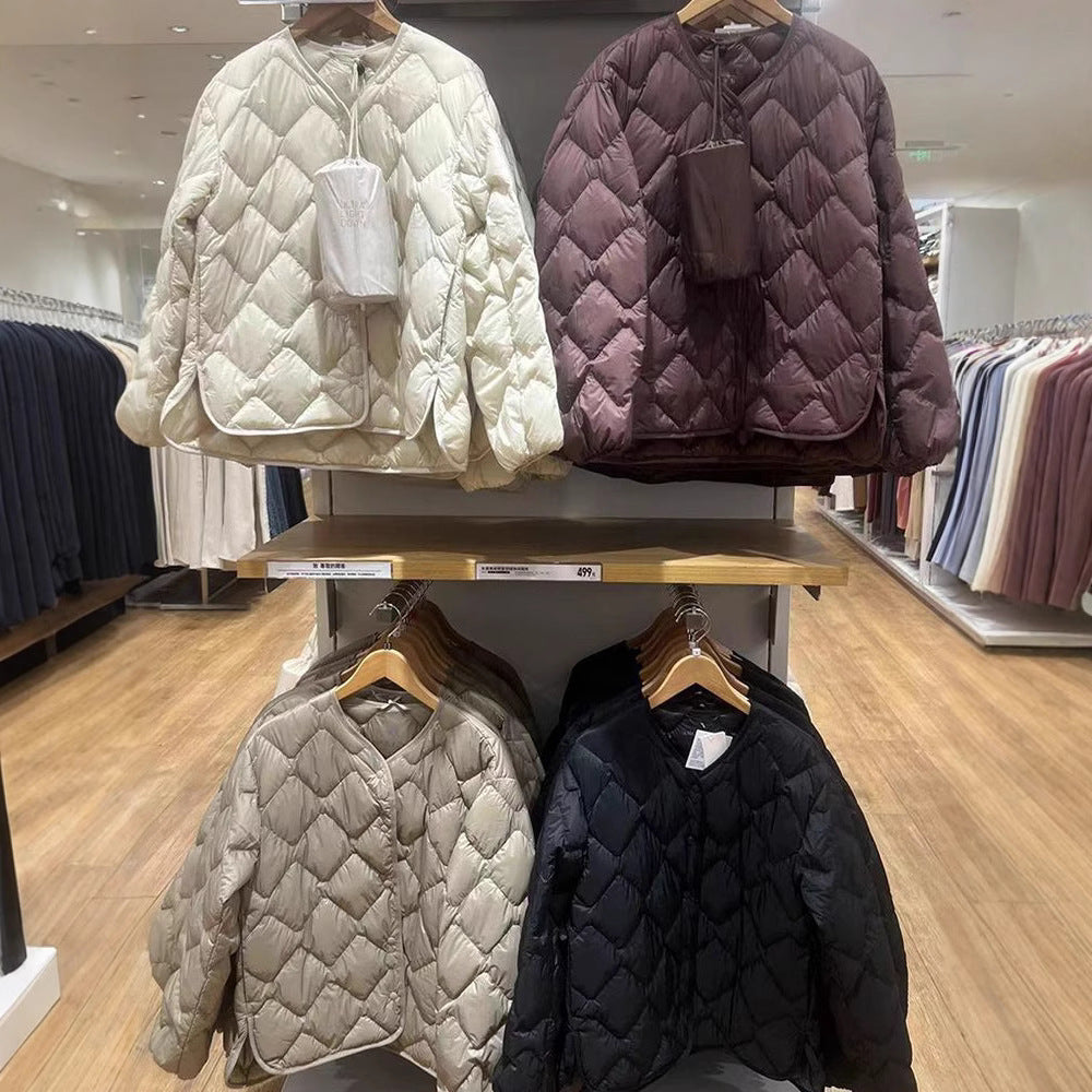 Women's Quilted Short Jacket with Diamond Quilting, Round Neckline and Press Studs Chichicherry