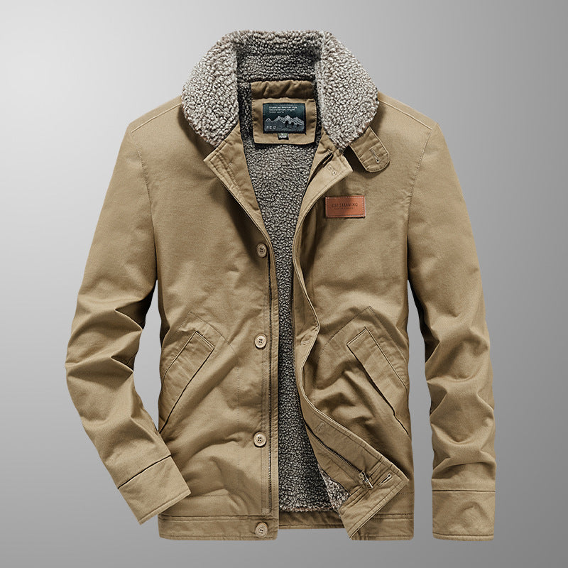 Men's canvas work jacket with sherpa lining, zipper and snap button closure Chichicherry