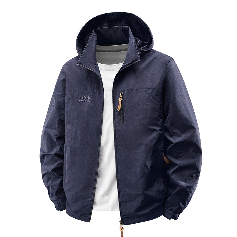 Men Packable Wind and Rain Jacket with Perforated Hood Lining, Chest Zip & Drawstring Chichicherry