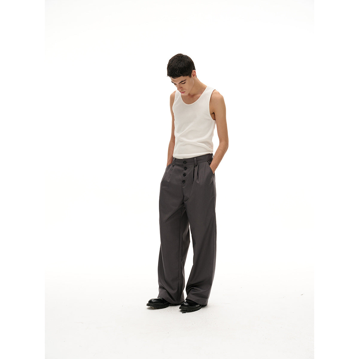Women's Wide High-Waist Pleated Trousers with Distinctive Button Placket Chichicherry