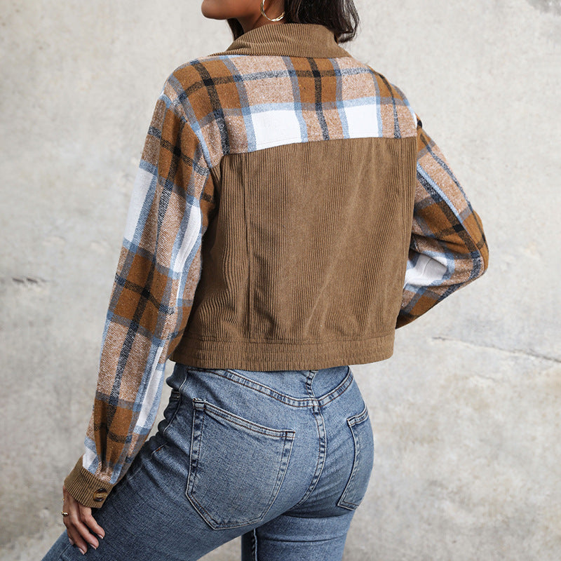 Ladies Short Jacket Cord and Check Mix with Buttons & Breast Pockets Chichicherry