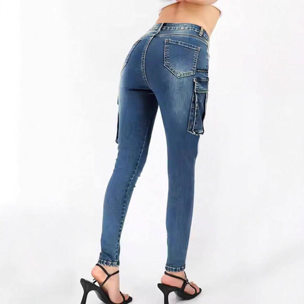 Ladies High-Waist Slim-Cargo-Jeans with flap pockets and zipper details Chichicherry