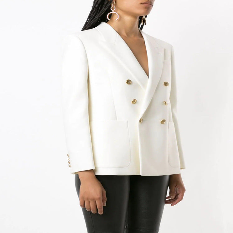 Women's Boxy Double-Breasted Blazer in Clean Tailoring with Structured Shoulders Chichicherry
