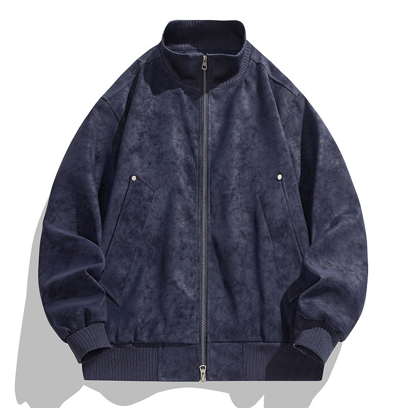 Men's Oversized Suede Look Bomber Jacket with Stand-Up Collar and Ribbed Cuffs Chichicherry