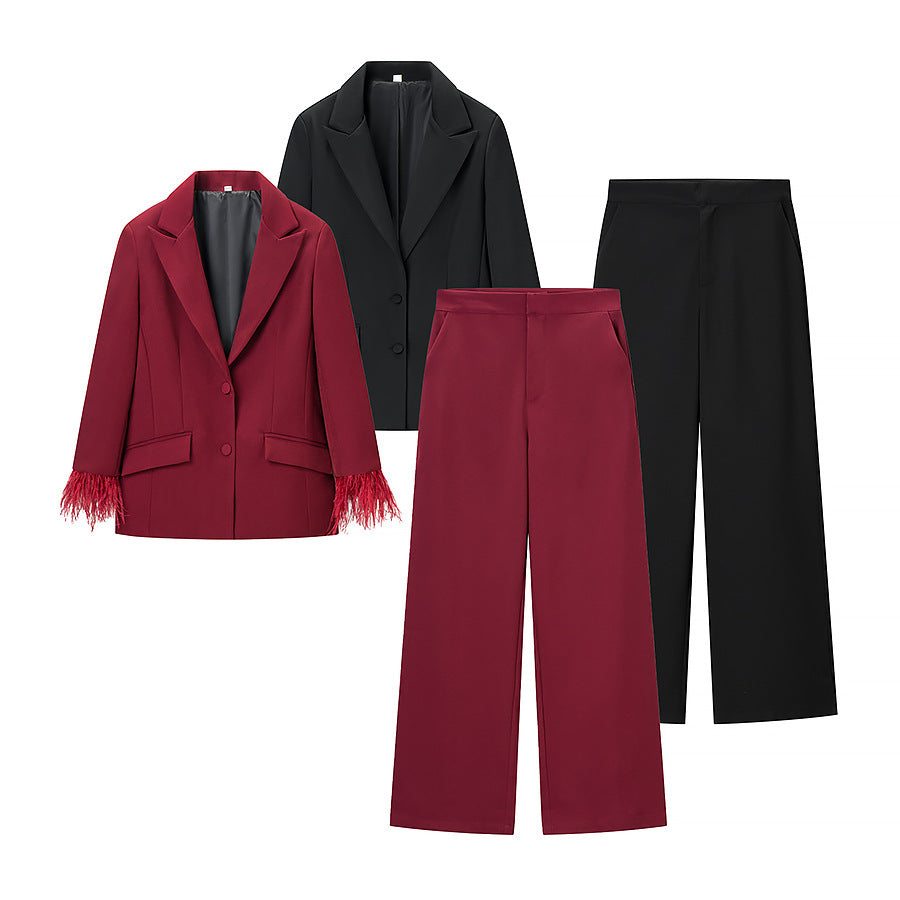 Women Stylish tailored blazer pantsuit with feather trim on cuffs Chichicherry