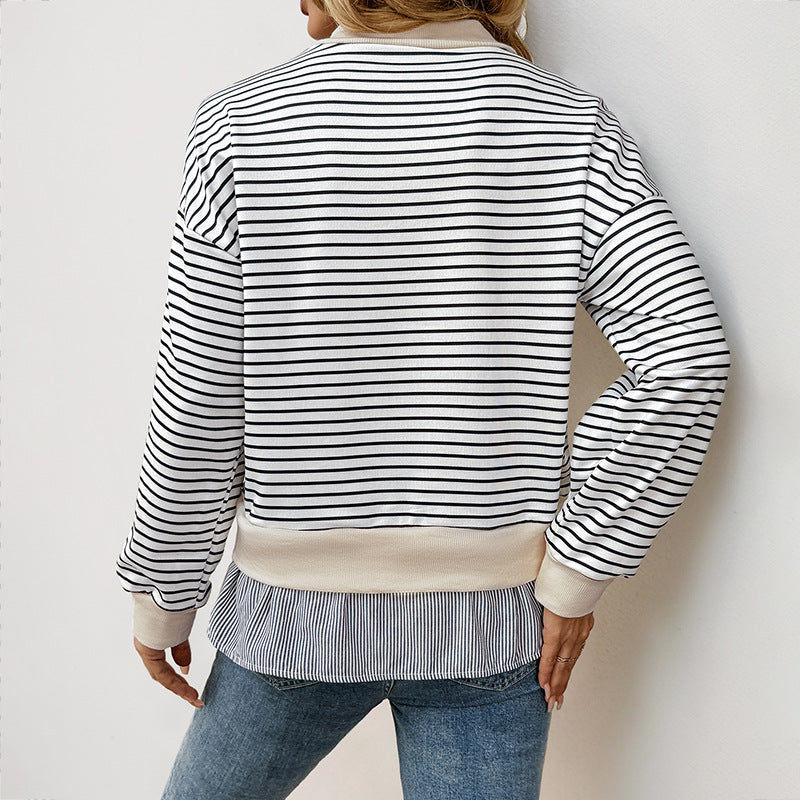 Women's Striped Layering Sweatshirt with Chiffon Insert and Contrasting Stand Collar Chichicherry