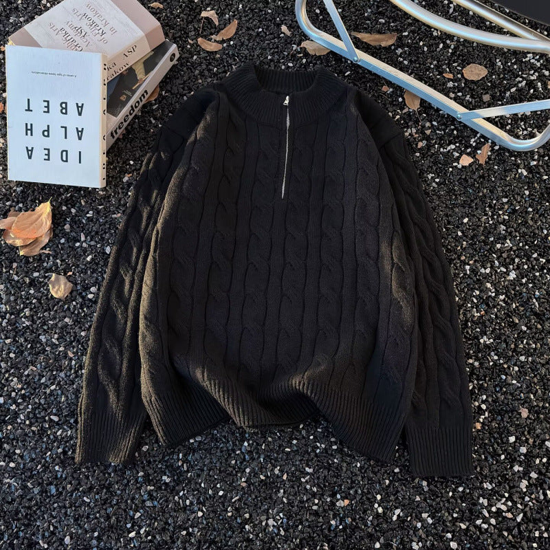 Unisex Oversize-Zopfmuster-Halbzip-Pullover mit extra hohem Rippkragen und schwerer Baumwollmischung Chichicherry