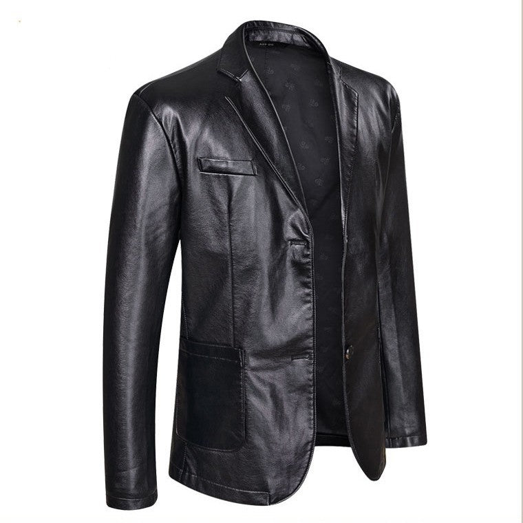 Men's Elegant Faux Leather Blazer Style Jacket with Patch Side Pockets Chichicherry