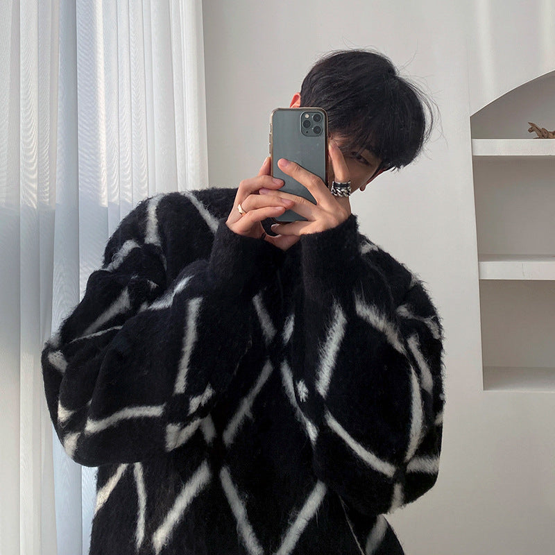 Herren Oversized Flauschiger Strickpullover mit Rautenmuster Chichicherry