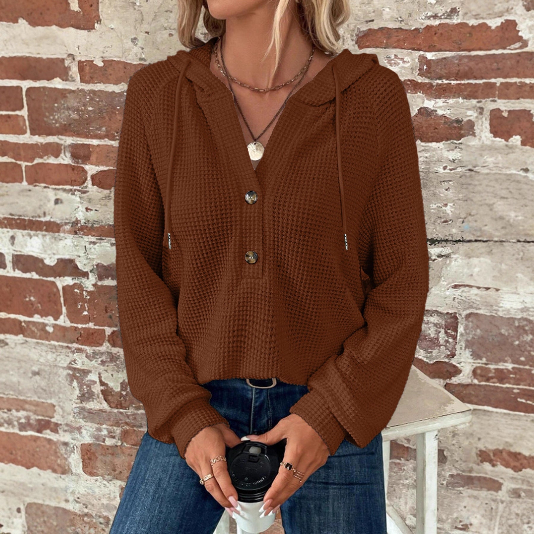 Women's Waffle Knit Hoodie with Half Button Placket and Hood Chichicherry