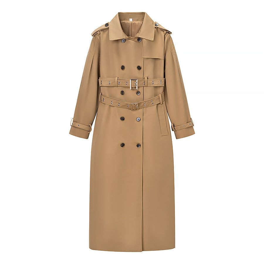 Women's Long Double-Breasted Trench Coat with Tailored Double Belt, Balloon Sleeves and Epaulettes Chichicherry