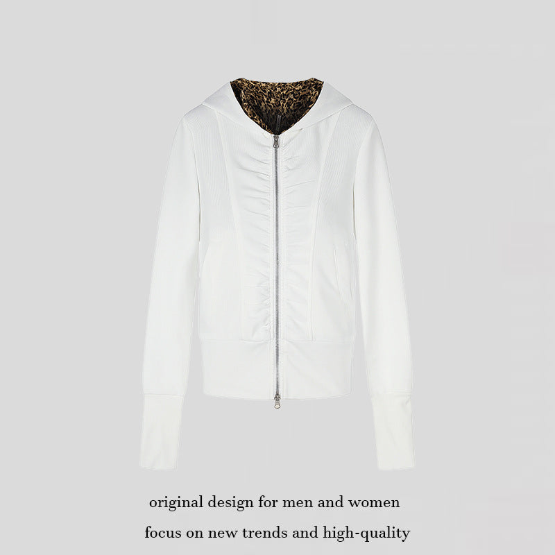 Women's Hooded Sweat Jacket with Full Zip, Gathered Front and Leopard Hood Lining Chichicherry