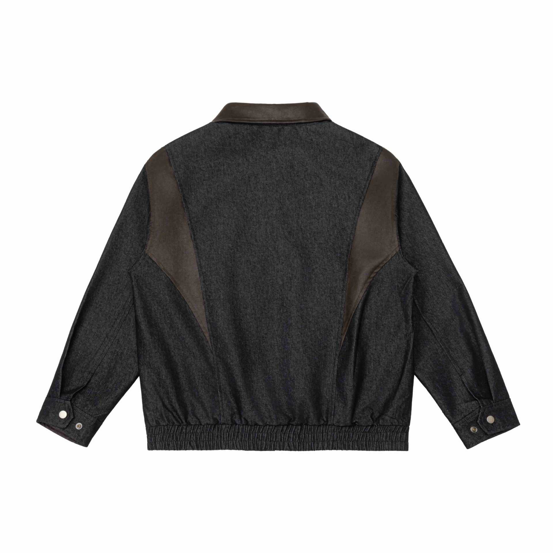 Men's short jacket in boxy cut made of wool-denim mix with leather-trimmed collar and vertical zippered chest pocket Chichicherry