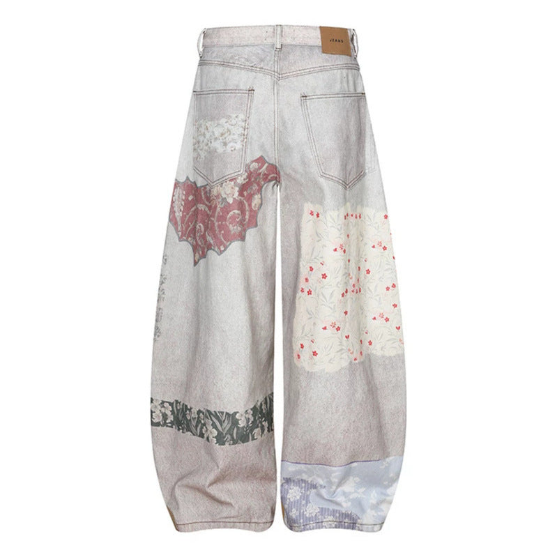 Women's Wide High-Waist Culotte Jeans with Patchwork Print and Balloon Silhouette Chichicherry