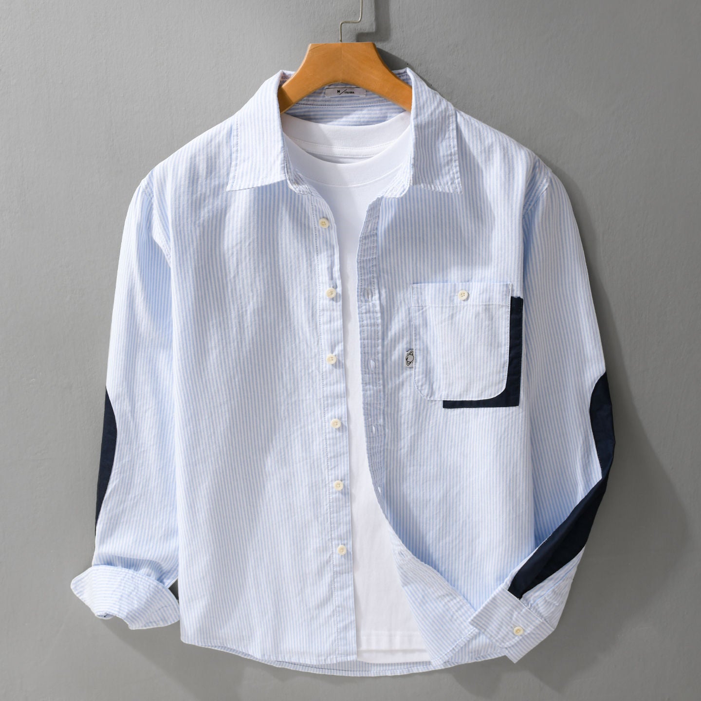 Men Striped Overshirt Shirt with Contrast Elbow Patches and Applied Chest Pocket Chichicherry