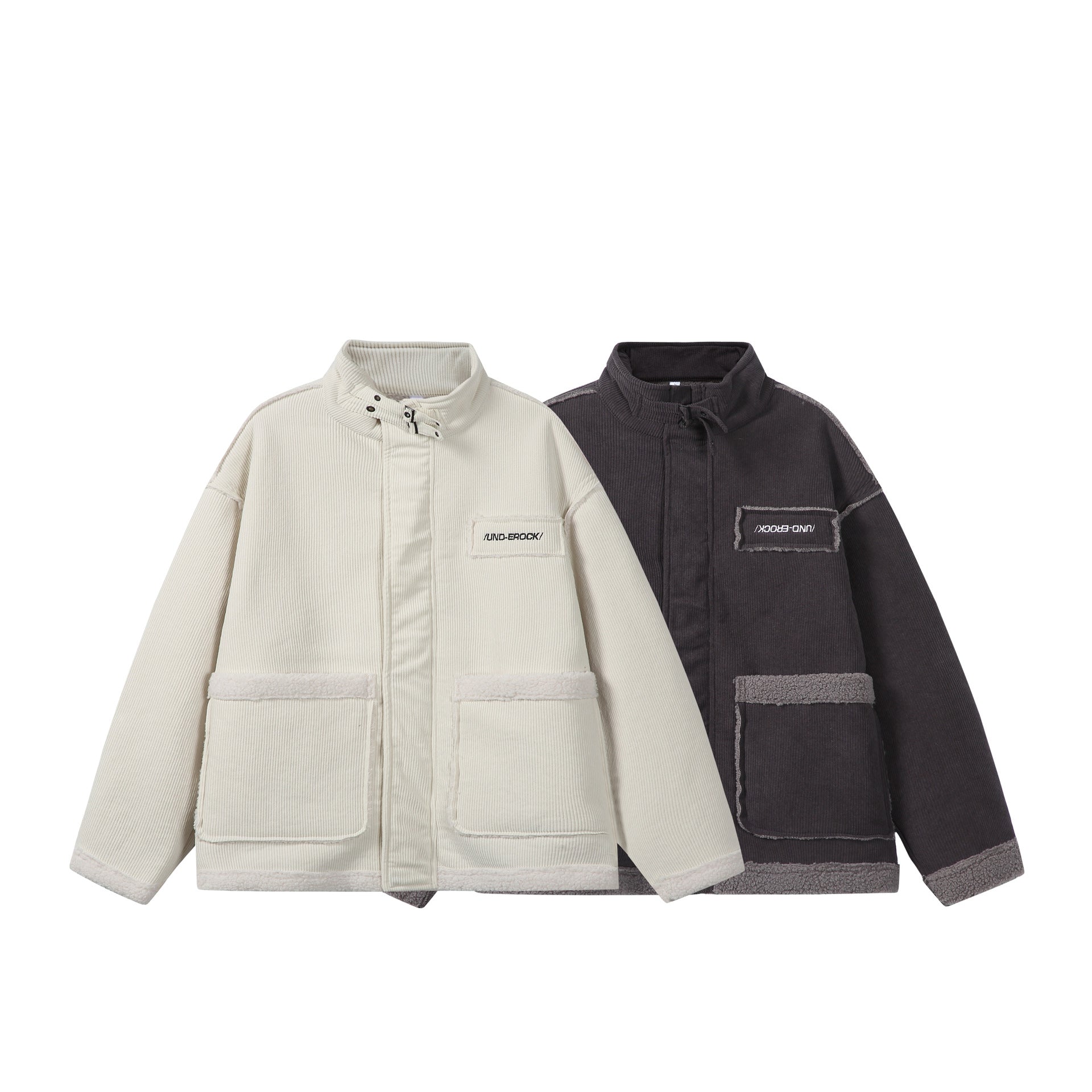 Unisex Short-cut Cord Jacket with Teddy Trim and Funnel Neck Chichicherry