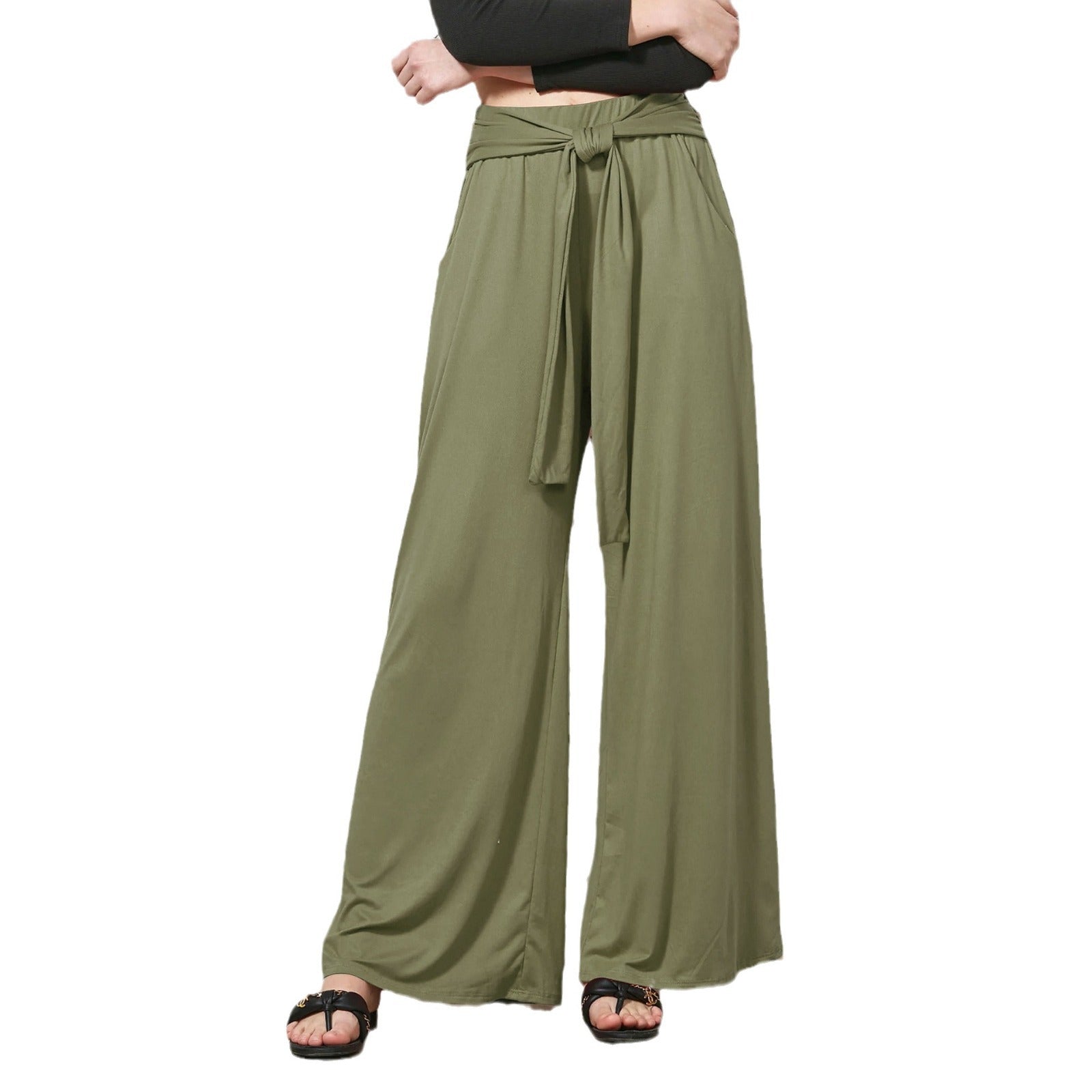 Women Wide Jersey Pants with High Waist and Tie Belt Chichicherry
