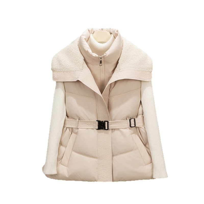 Women's non-padded quilted vest with knitted sleeves and teddy collar, tailored belt Chichicherry