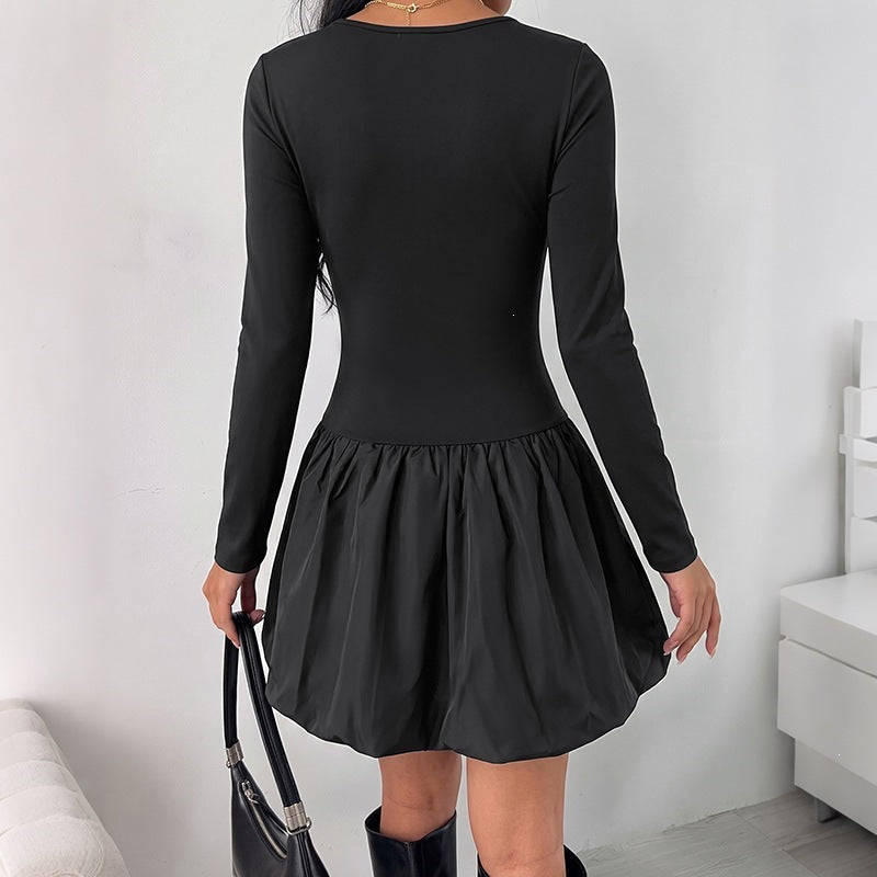 Women's Fitted Mini Dress with Square Neckline, Tailored Silhouette, and Balloon Skirt Chichicherry