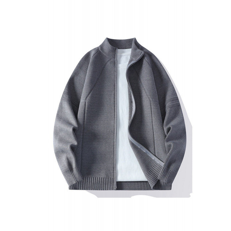 Men's Oversize Fine Knit Zip Jacket with Stand-Up Collar, Raglan Sleeves, and Ribbed Cuffs Chichicherry