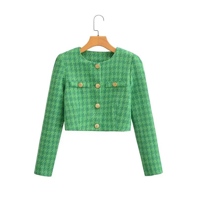 Women's short blazer made of bouclé tweed with a boxy cropped silhouette and collarless design Chichicherry