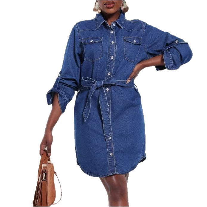Women's denim shirt dress with waist belt and patch breast pockets Chichicherry