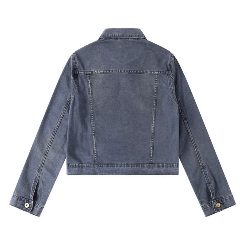 Women's Short Denim Jacket in Vintage Style with Button Placket, Chest Pockets and Fitted Cut Chichicherry