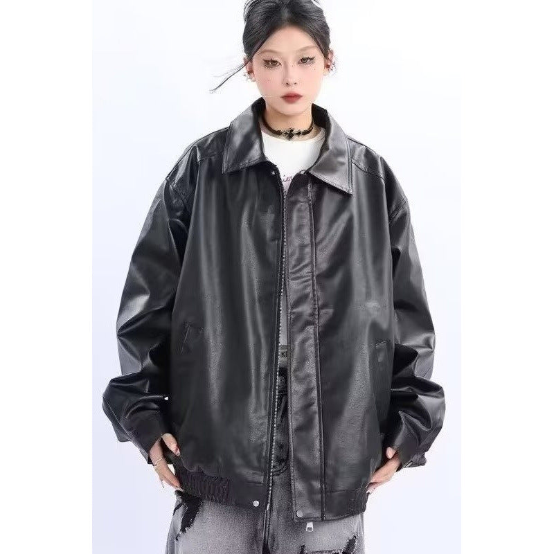 Damen Oversized Kunstleder-Blouson mit elastischem Saum und Hemdkragen Chichicherry
